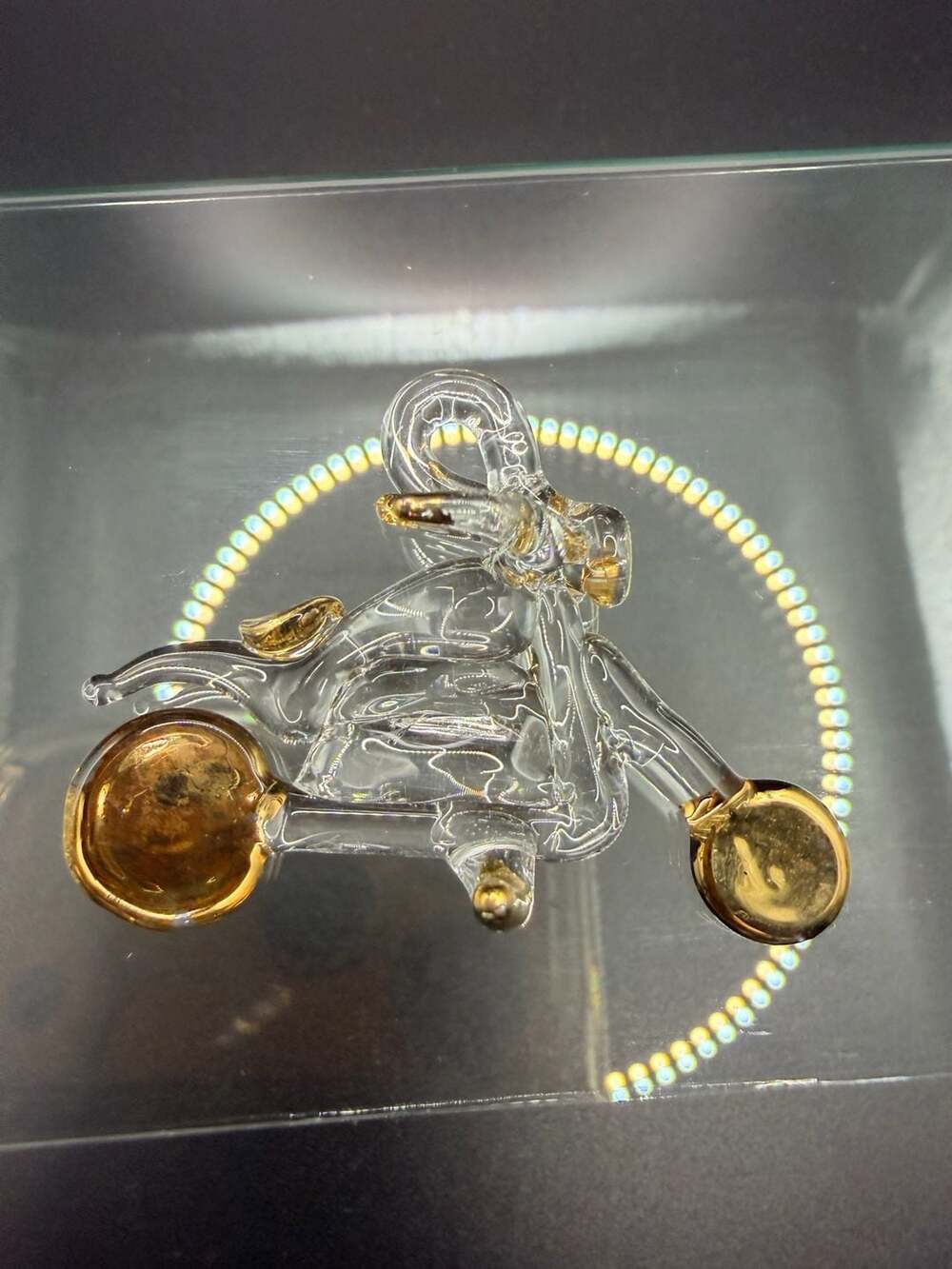 Hand Blown Glass Motorcycle Figurine with Gold Accents